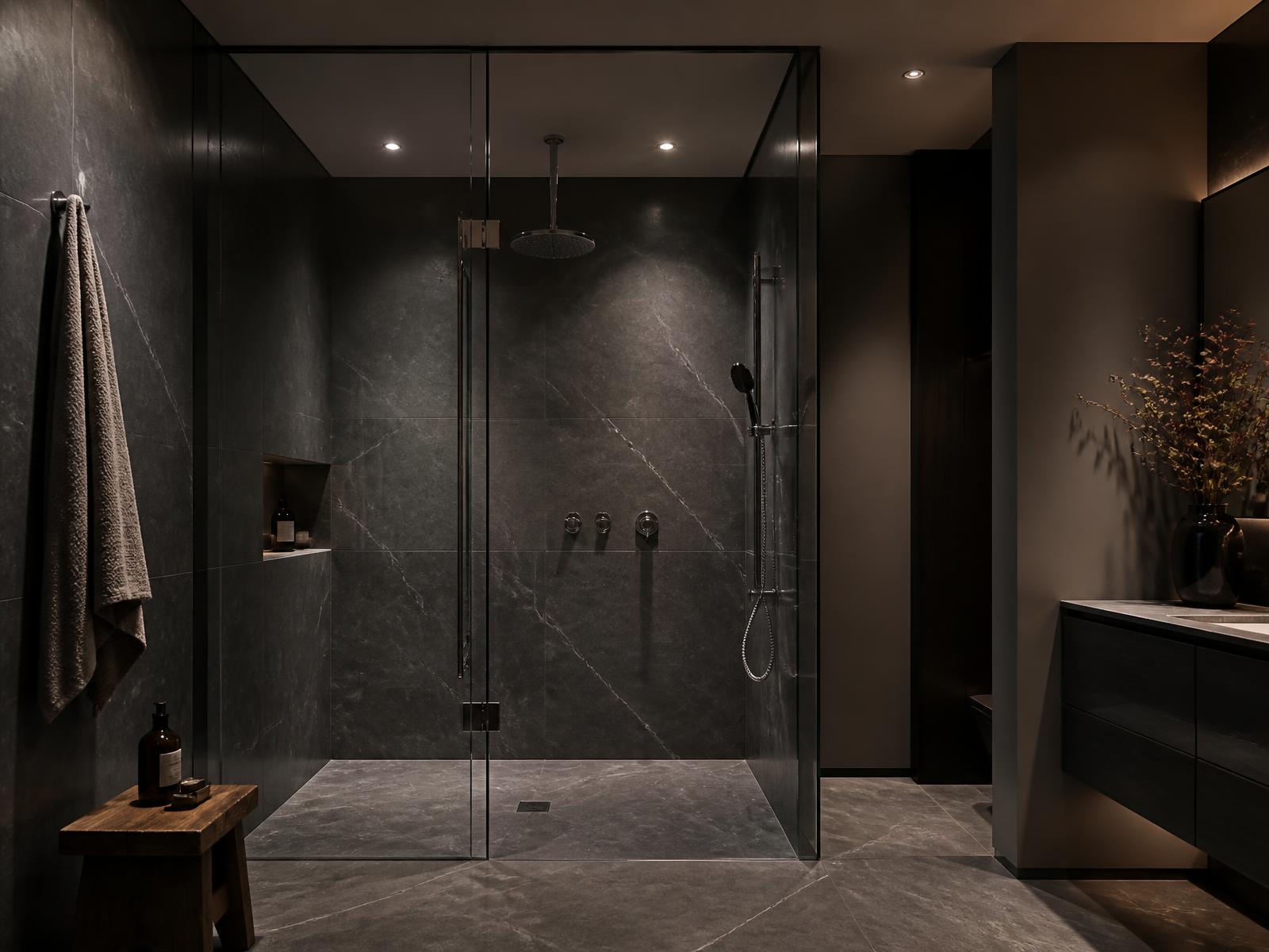 Luxury bathroom with a large frameless glass shower enclosure